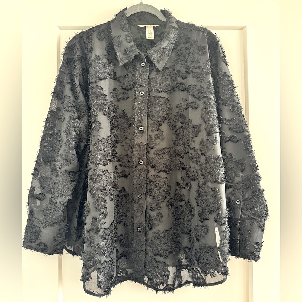 H&M Black Sheer Textured Button Down Shirt